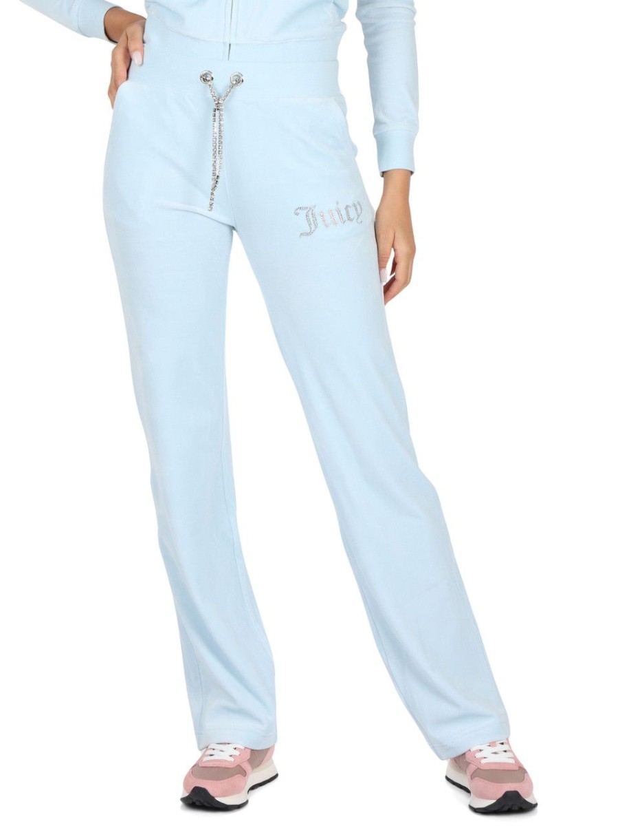 Donna JUICY COUTURE | Pantalone Sportivo In Velluto Delraycon Coulisse In Strass Celeste