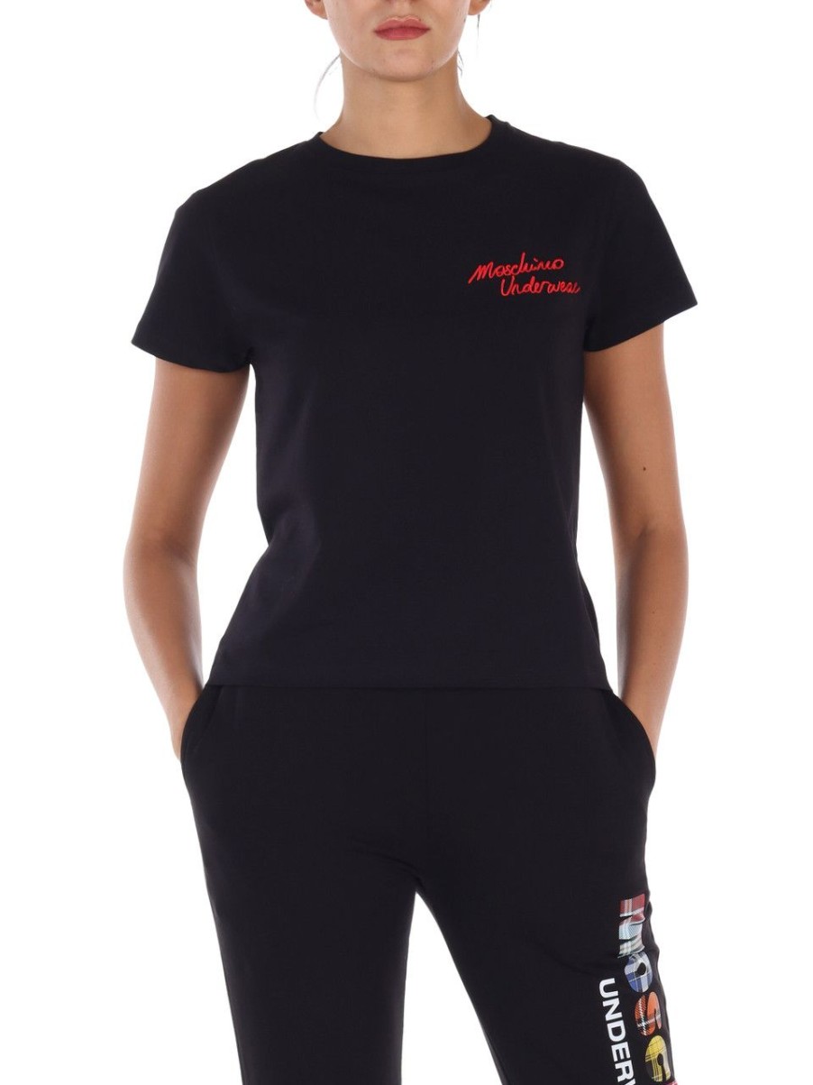 Donna MOSCHINO UNDERWEAR | T-Shirt In Cotone Stretch Con Ricamo Logo Nero