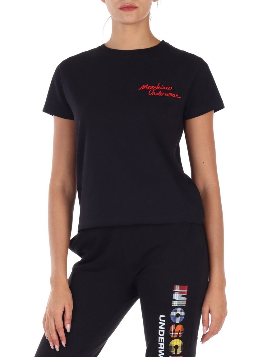 Donna MOSCHINO UNDERWEAR | T-Shirt In Cotone Stretch Con Ricamo Logo Nero