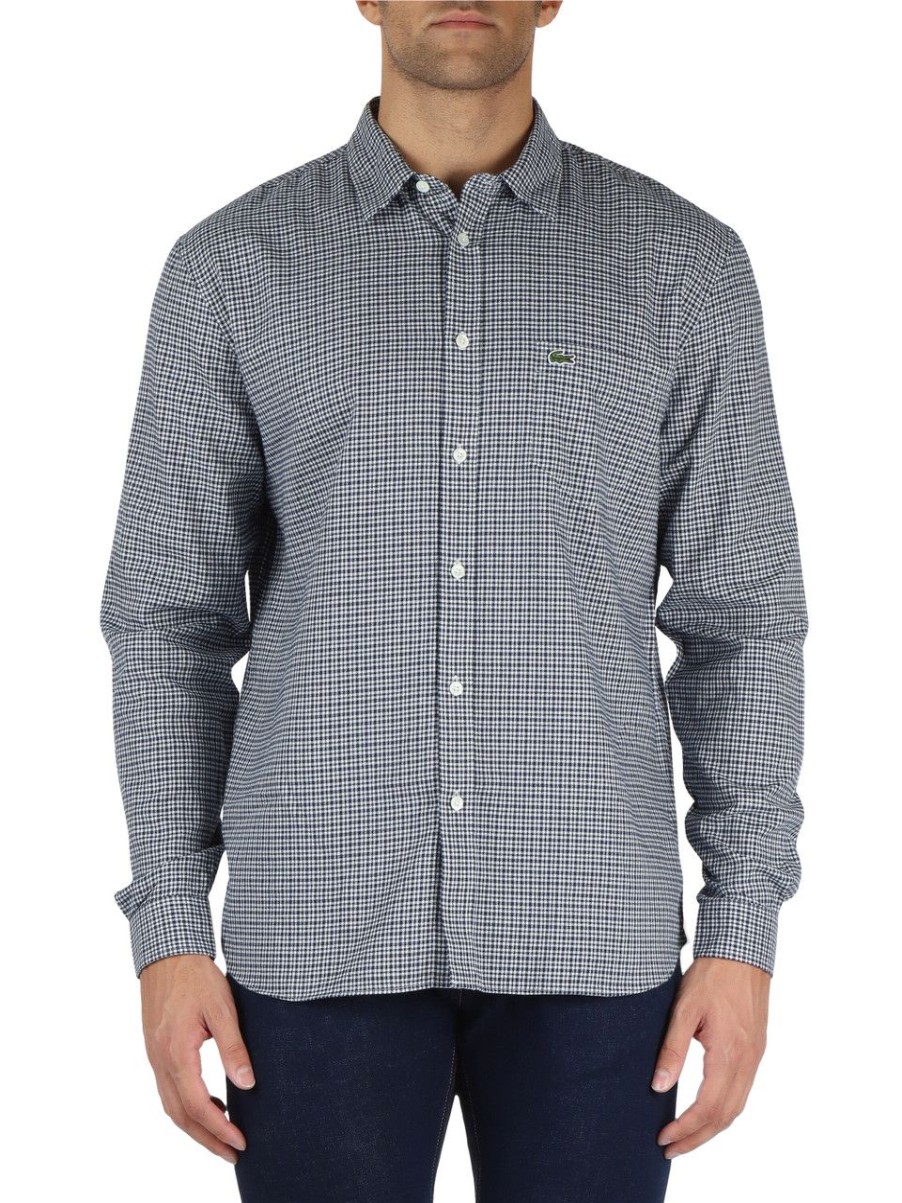 Uomo LACOSTE | Camicia In Cotone Regular Fit A Quadretti Blu