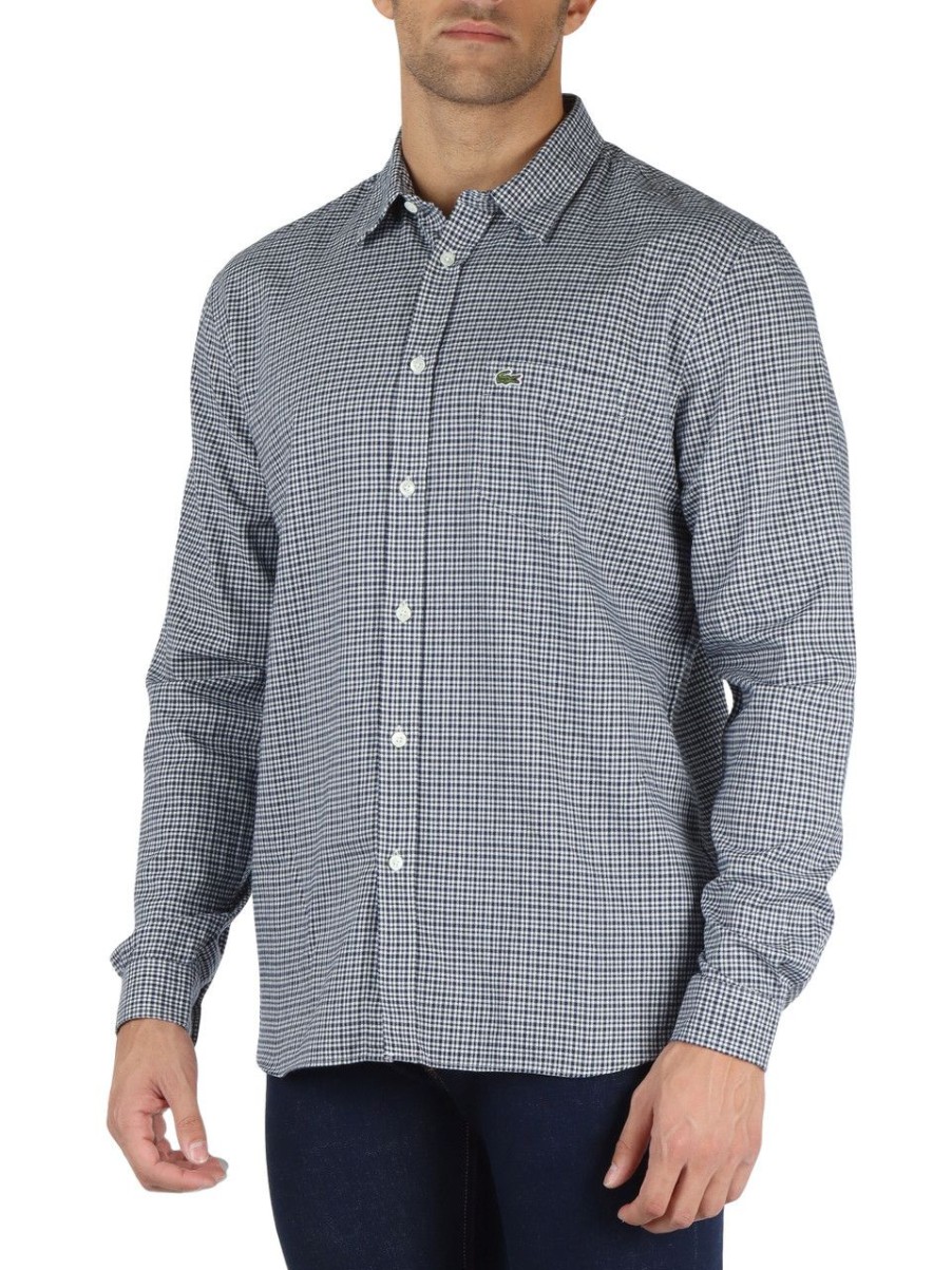 Uomo LACOSTE | Camicia In Cotone Regular Fit A Quadretti Blu