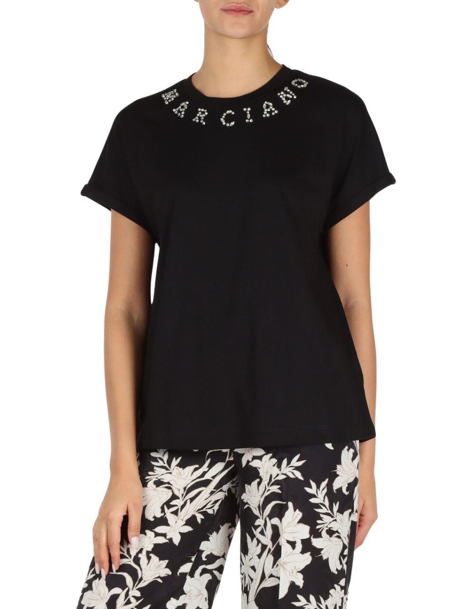 Donna MARCIANO GUESS | T-Shirt In Cotone E Modal Con Logo In Strass Nero