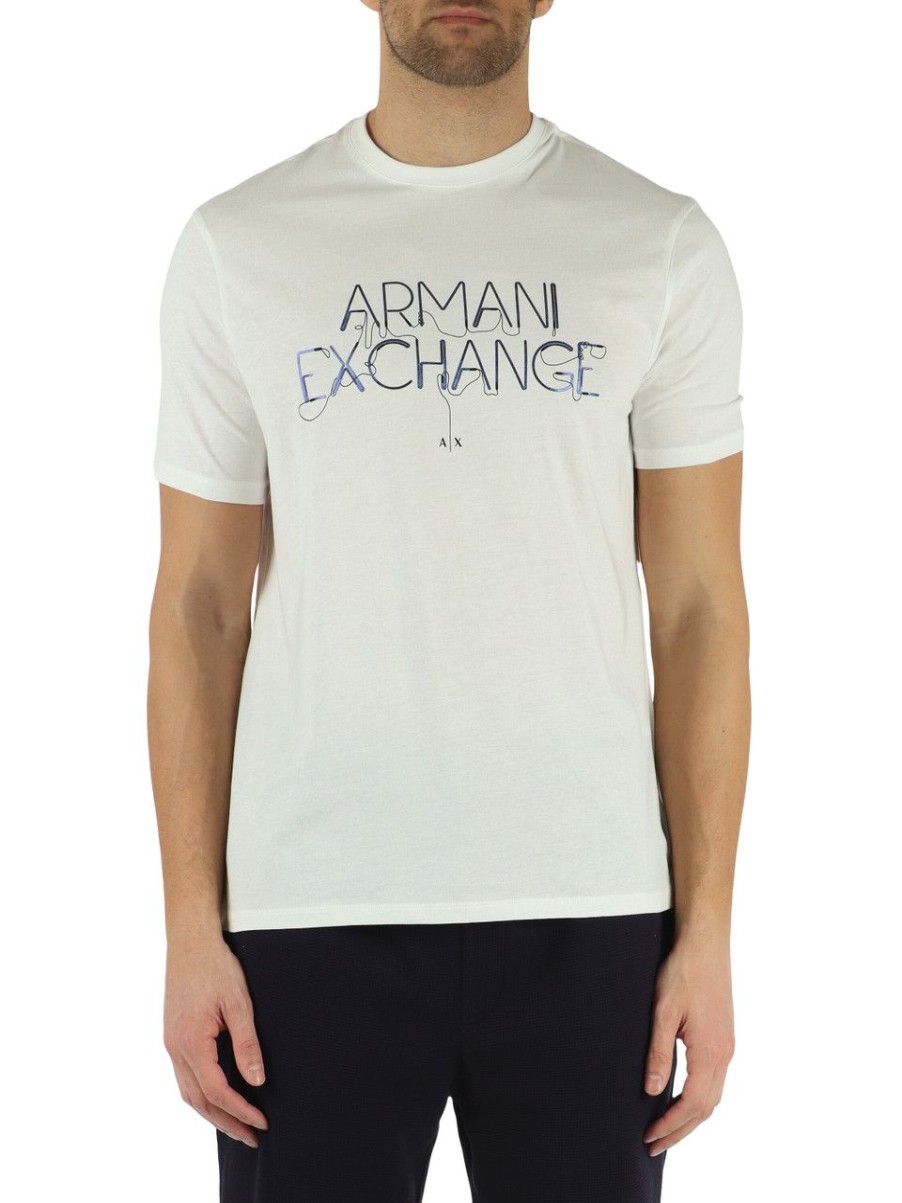 Uomo ARMANI EXCHANGE | T-Shirt Regular Fit In Cotone Con Scritta Logo A Rilievo Panna