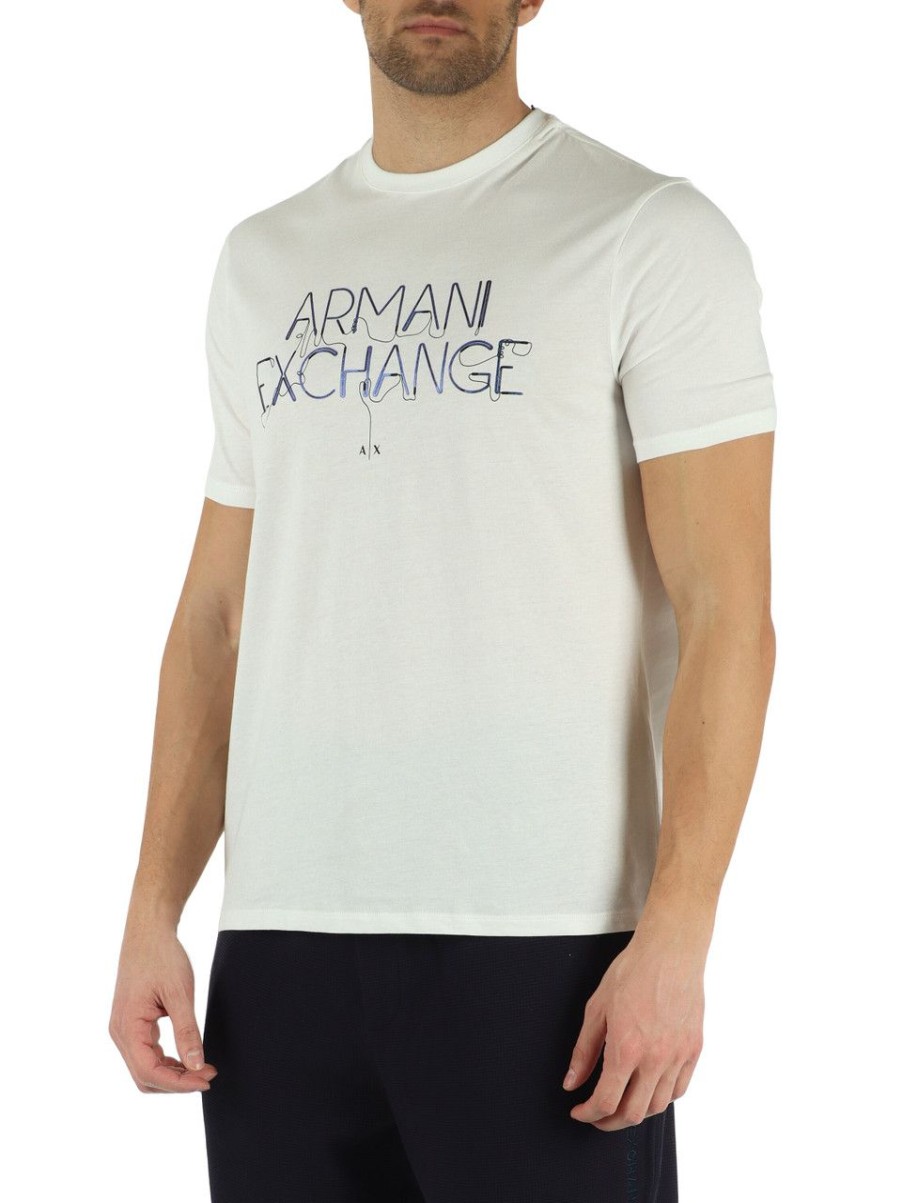 Uomo ARMANI EXCHANGE | T-Shirt Regular Fit In Cotone Con Scritta Logo A Rilievo Panna