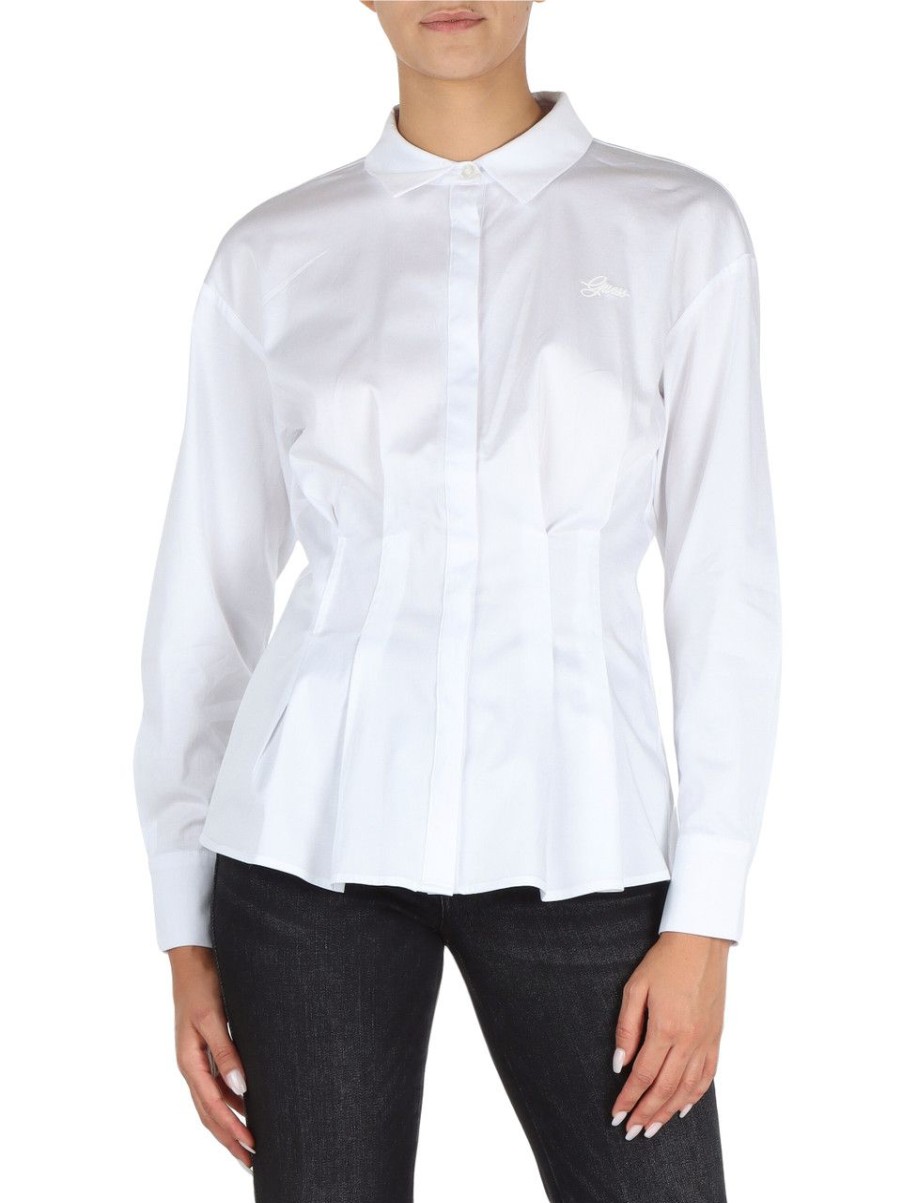 Donna GUESS | Camicia In Cotone Stretch Con Ricamo Logo Frontale Bianco