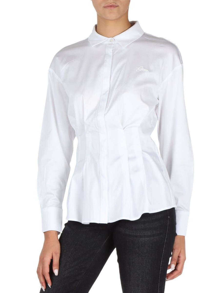 Donna GUESS | Camicia In Cotone Stretch Con Ricamo Logo Frontale Bianco