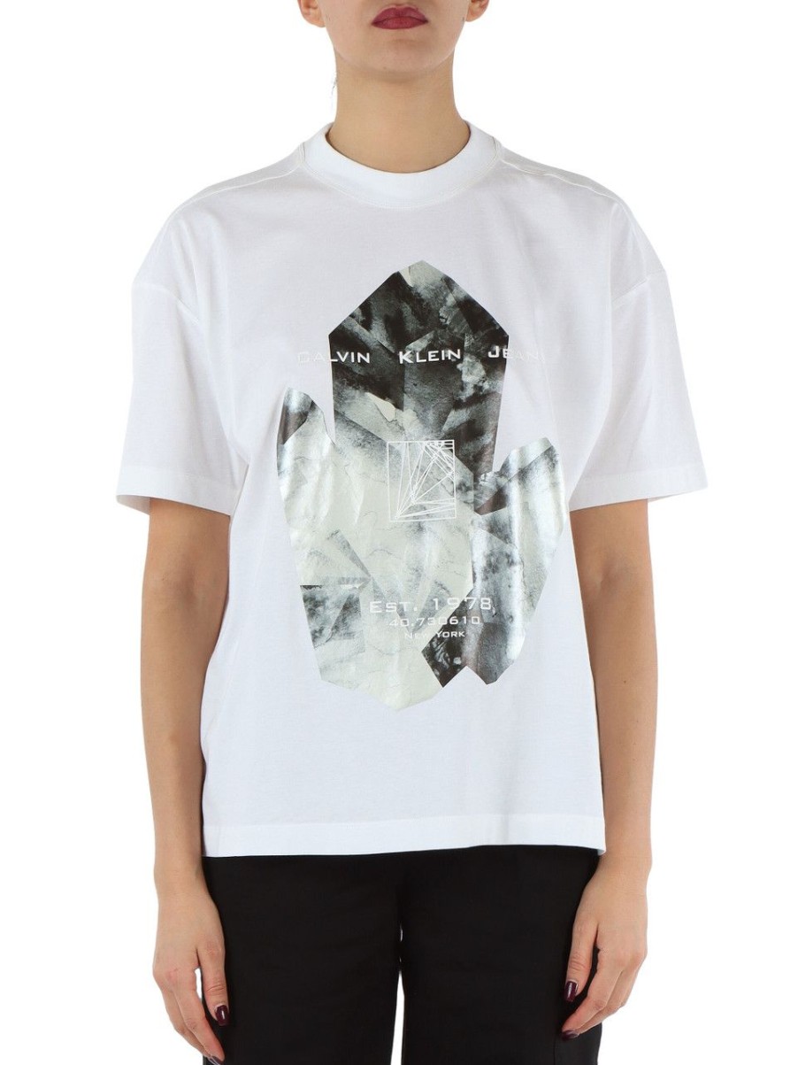 Donna CALVIN KLEIN JEANS | T-Shirt In Cotone Con Stampa Frontale Bianco