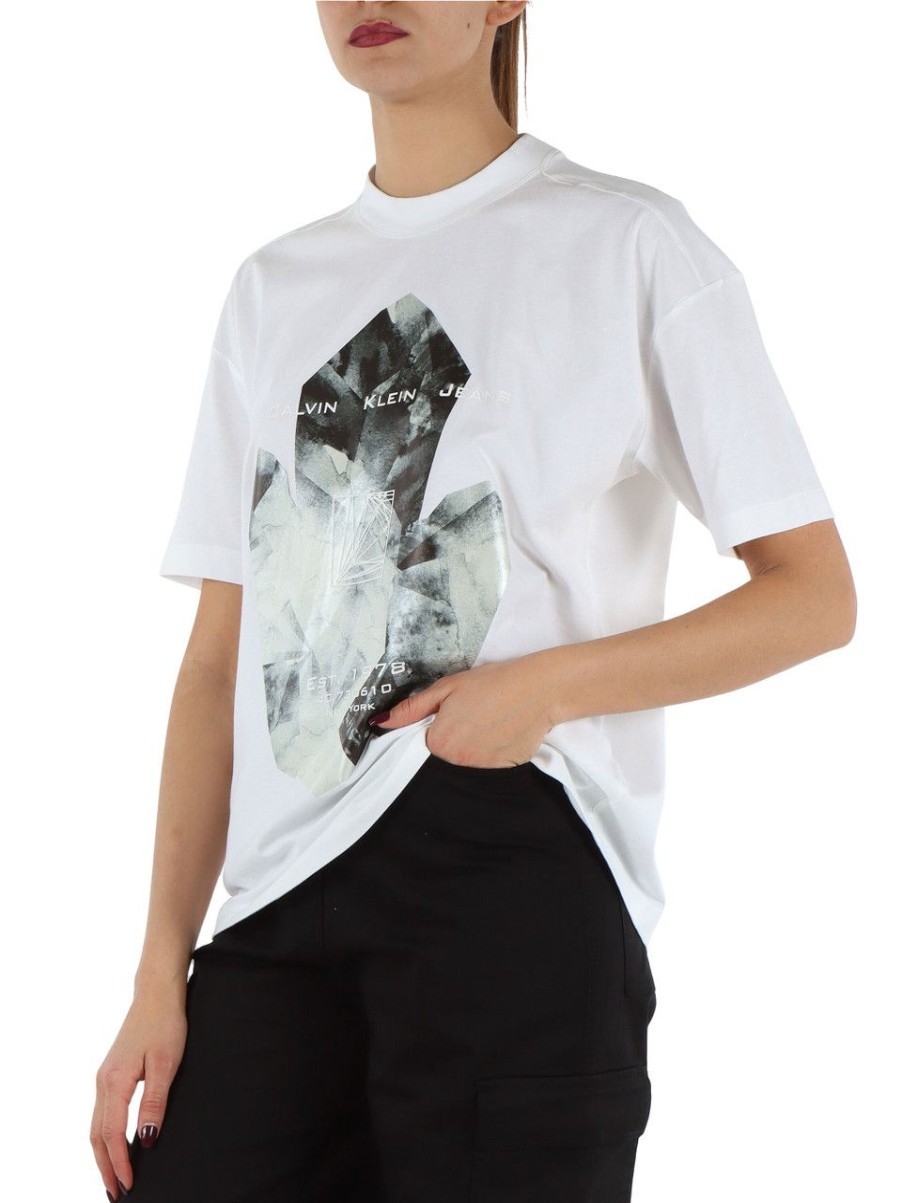 Donna CALVIN KLEIN JEANS | T-Shirt In Cotone Con Stampa Frontale Bianco