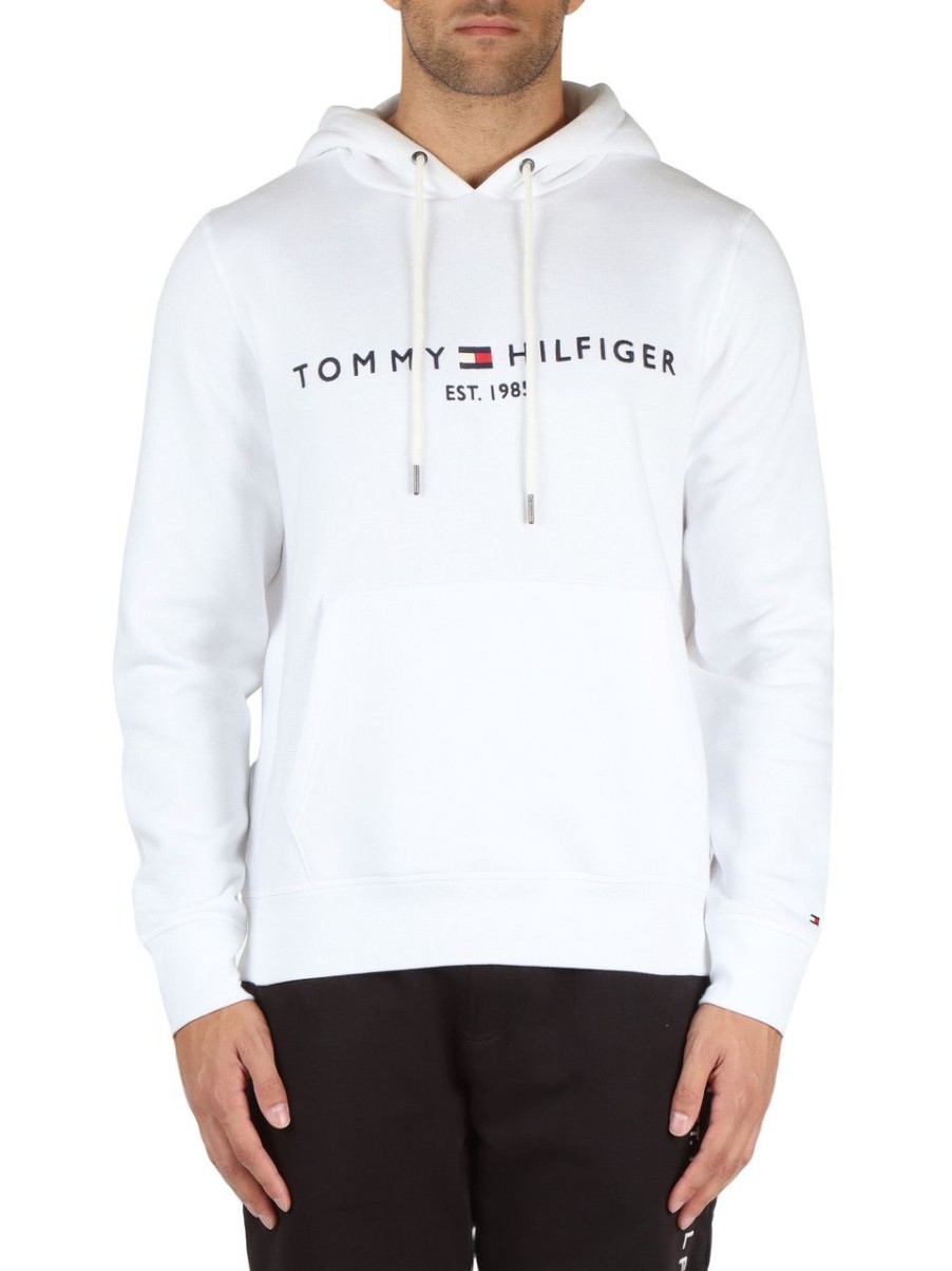 Uomo TOMMY HILFIGER | Felpa In Misto Cotone Con Cappuccio E Ricamo Logo Bianco