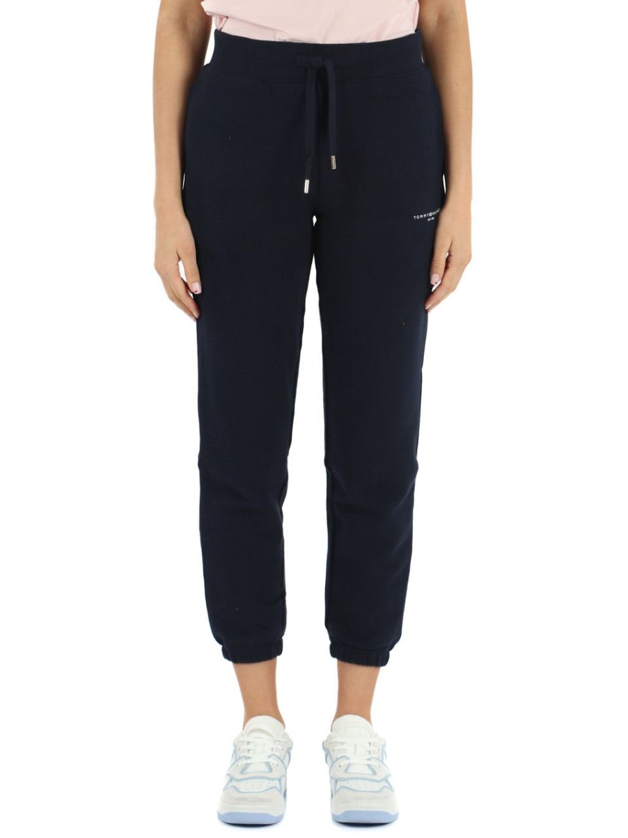 Donna TOMMY HILFIGER | Pantalone Sportivo In Cotone Garzato Blu Scuro