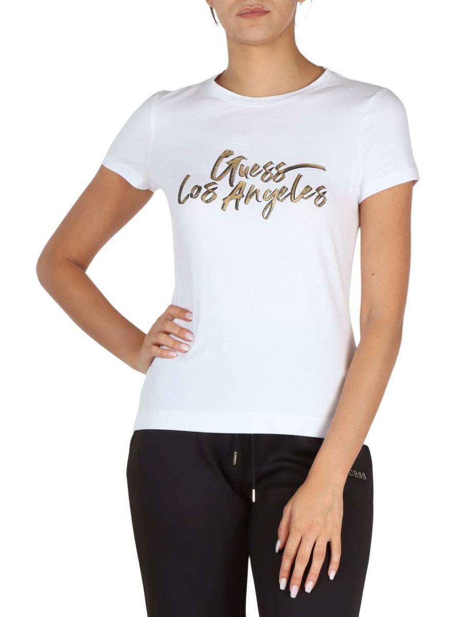 Donna GUESS | T-Shirt In Cotone Stretch Con Scritta Logo Bianco