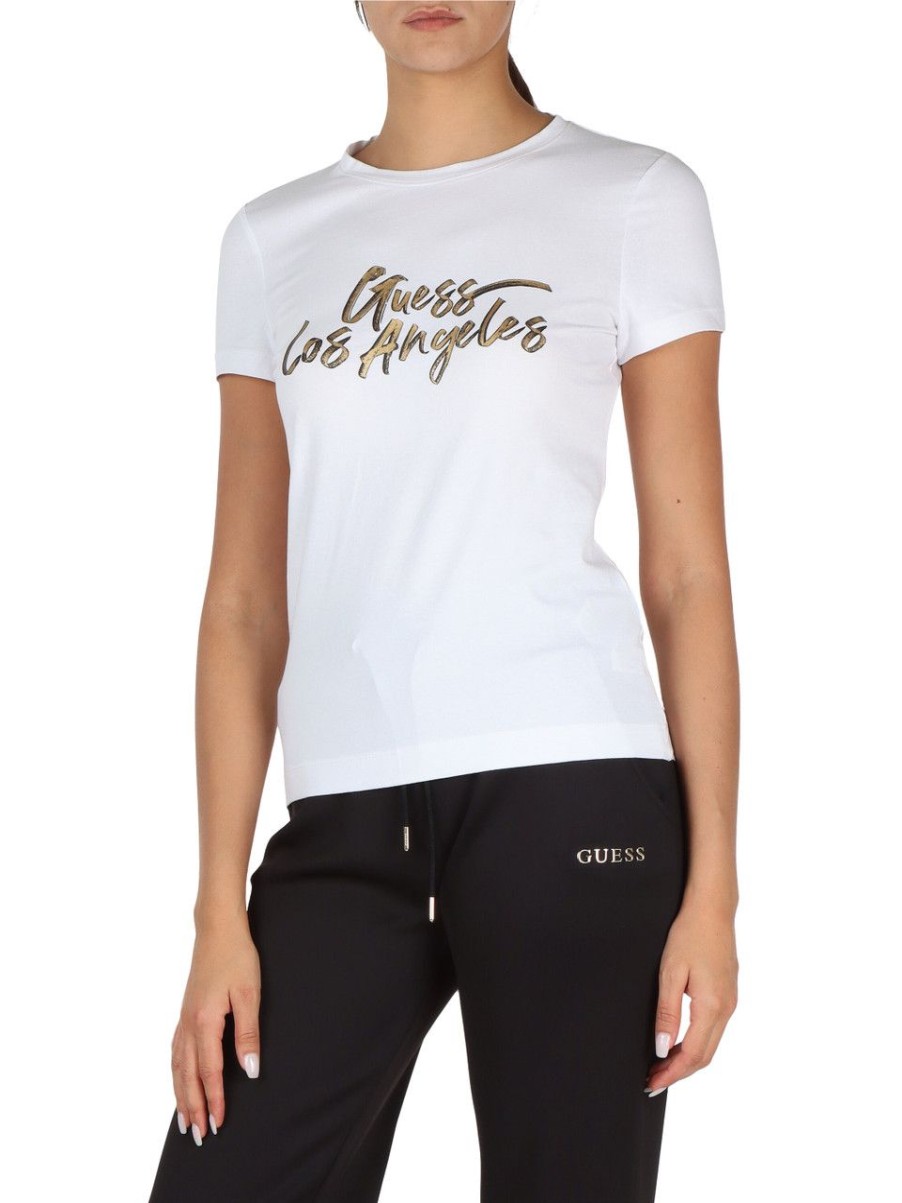 Donna GUESS | T-Shirt In Cotone Stretch Con Scritta Logo Bianco