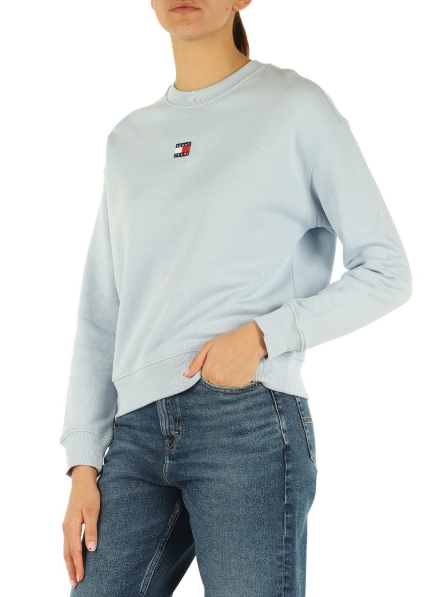 Donna TOMMY JEANS | Felpa Girocollo In Cotone Con Ricamo Logo Celeste