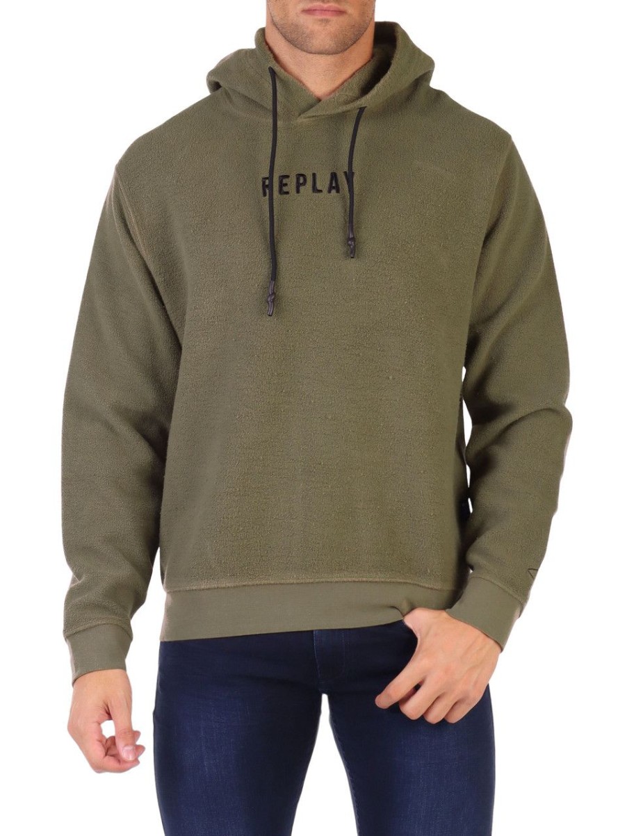 Uomo REPLAY | Felpa Con Cappuccio In Pile Icon Selection Verde