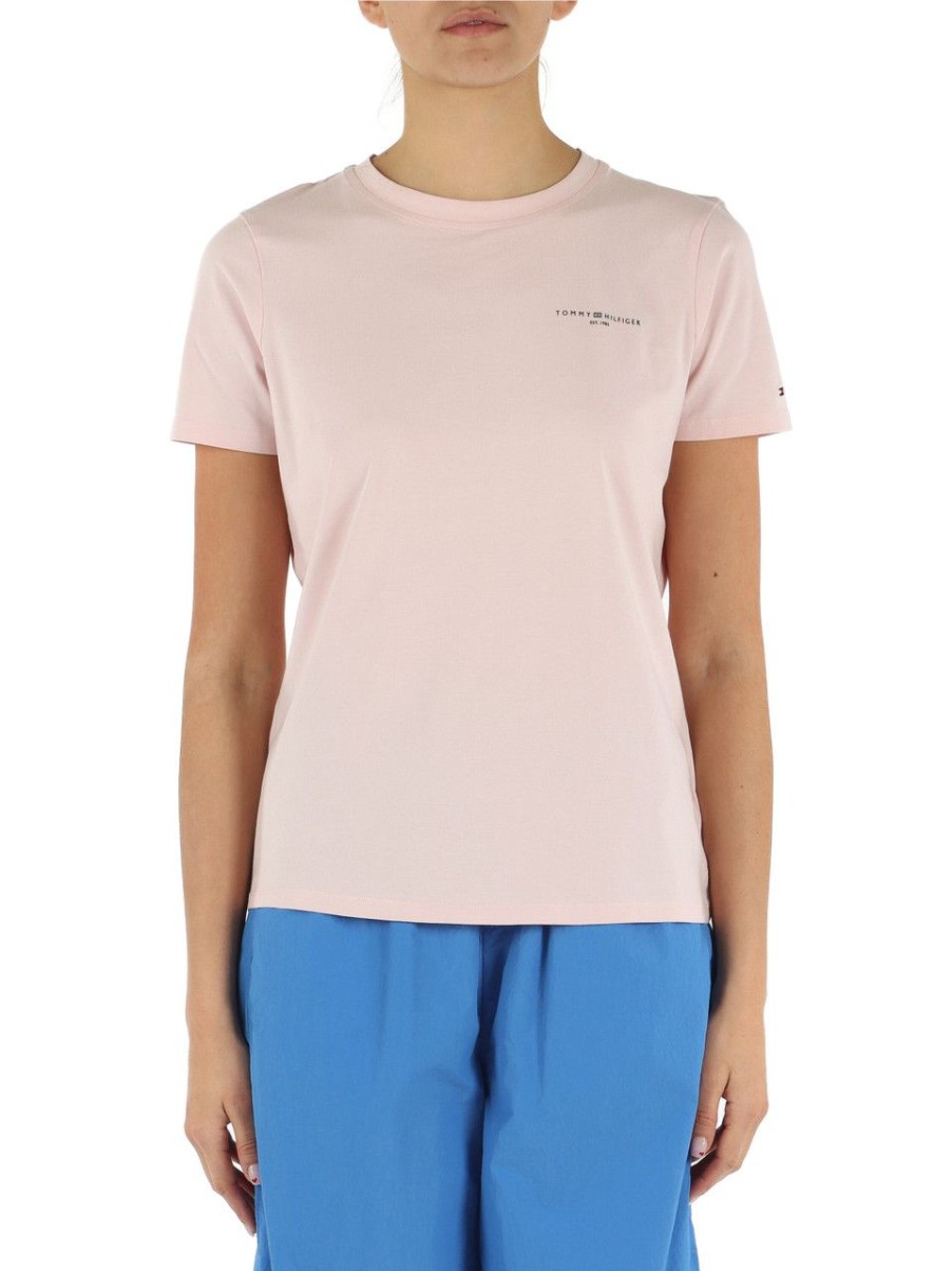 Donna TOMMY HILFIGER | T-Shirt In Cotone Stretch Con Scritta Logo Rosa