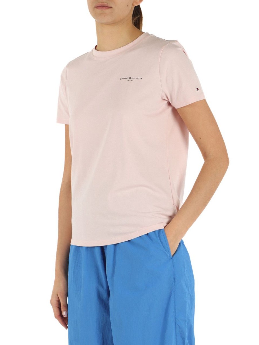 Donna TOMMY HILFIGER | T-Shirt In Cotone Stretch Con Scritta Logo Rosa