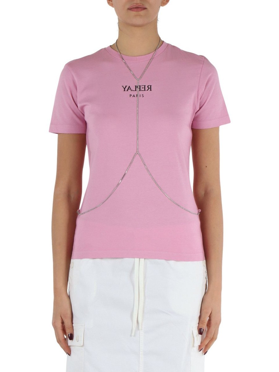 Donna REPLAY | T-Shirt In Cotone Con Dettaglio Chain Rimovibile Rosa