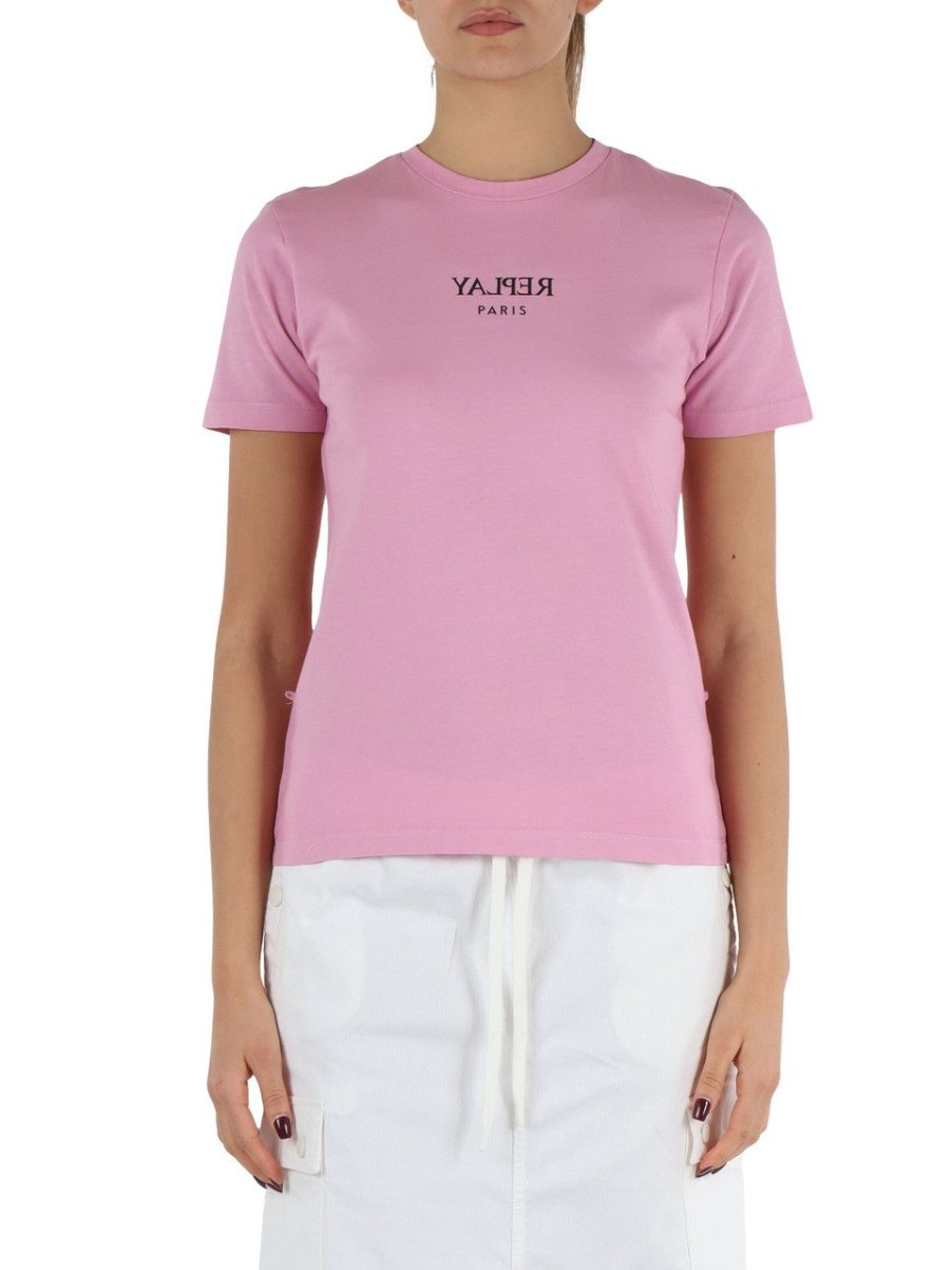 Donna REPLAY | T-Shirt In Cotone Con Dettaglio Chain Rimovibile Rosa