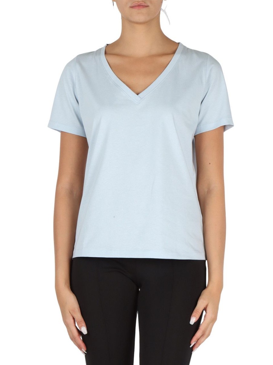 Donna CALVIN KLEIN | T-Shirt Collo A V In Cotone Con Scritta Logo A Rilievo Celeste