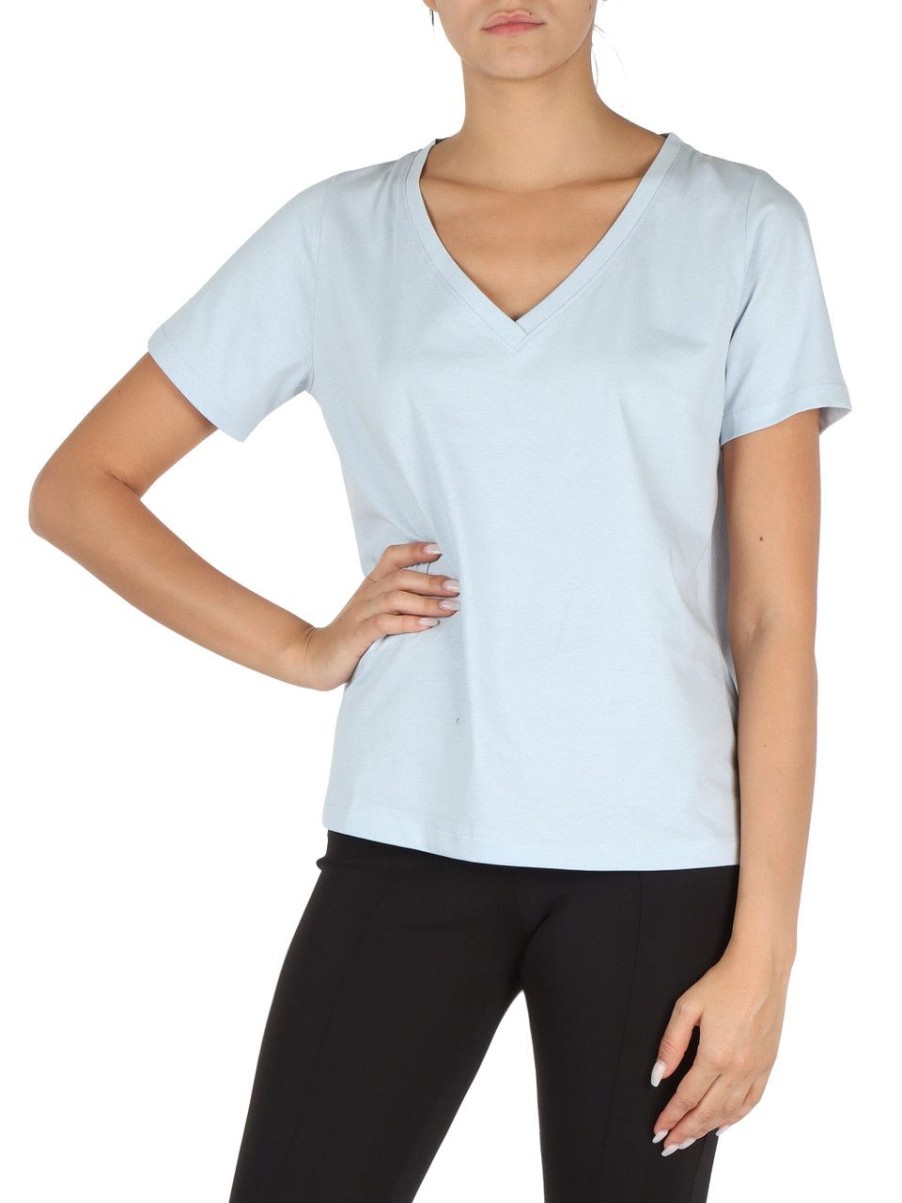 Donna CALVIN KLEIN | T-Shirt Collo A V In Cotone Con Scritta Logo A Rilievo Celeste