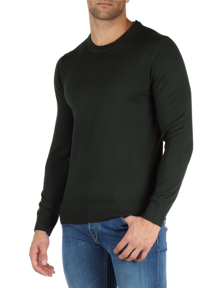 Uomo ALPHA STUDIO | Maglia Girocollo Slim Fit In Lana Merinos Extrafine Verde Scuro