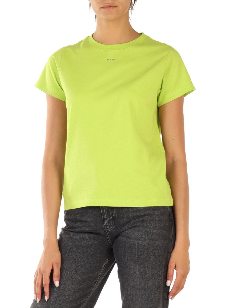 Donna PINKO | T-Shirt In Cotone Basico Con Scritta Logo Verde