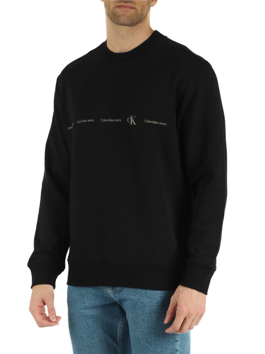 Uomo CALVIN KLEIN JEANS | Felpa In Cotone Garzato Con Scritta Logo A Rilievo Nero