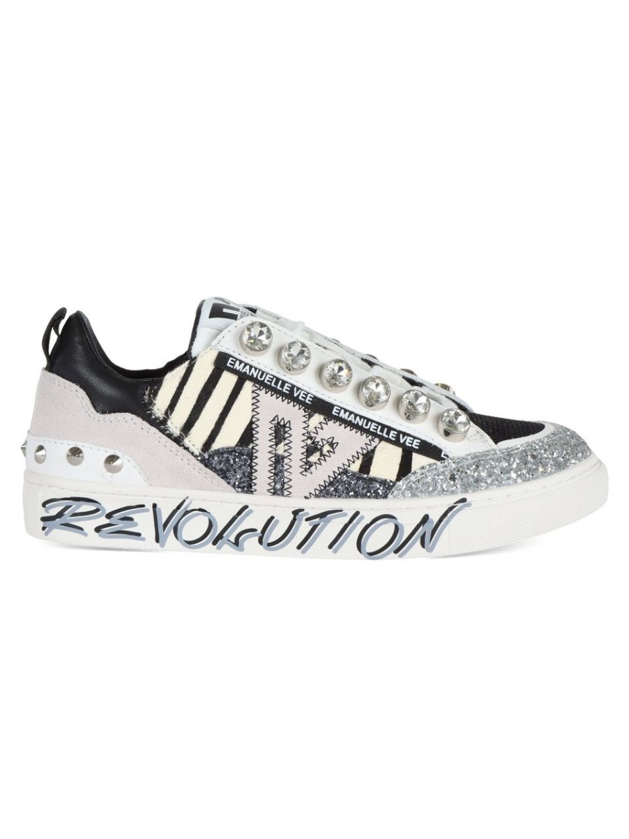 Donna EMANUELLE VEE | Sneakers In Pelle E Tessuto Con Glitters Bianco/Nero