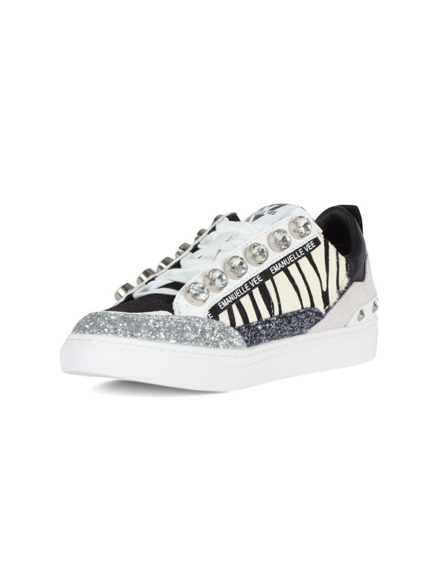 Donna EMANUELLE VEE | Sneakers In Pelle E Tessuto Con Glitters Bianco/Nero