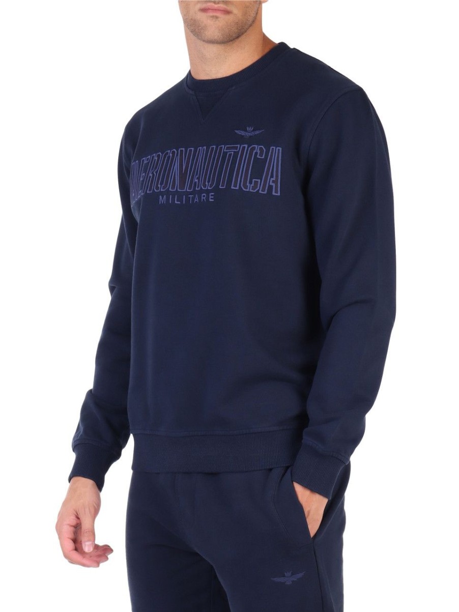 Uomo AERONAUTICA MILITARE | Felpa Comfort Fit In Cotone Garzato Con Ricamo Logo Blu