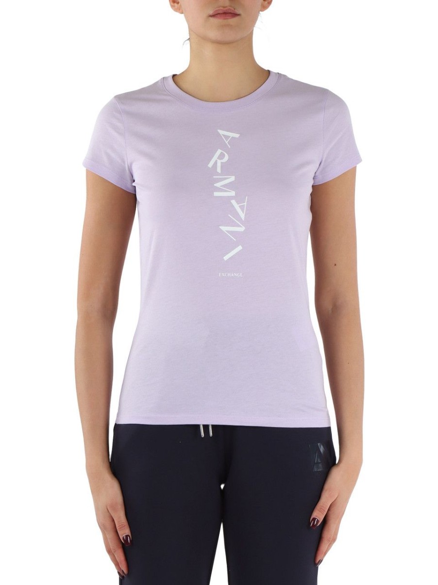 Donna ARMANI EXCHANGE | T-Shirt In Cotone Slim Fit Con Scritta Logo Frontale Viola Chiaro