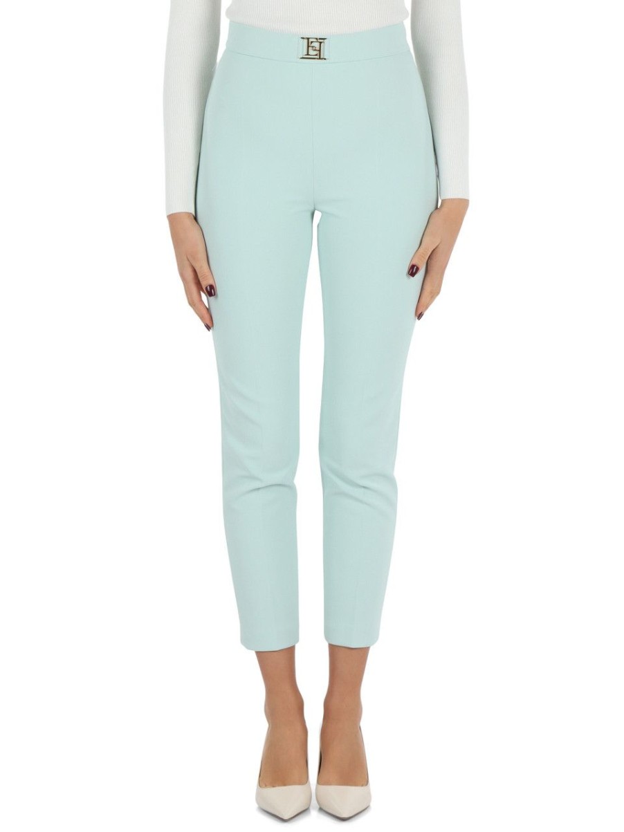 Donna ELISABETTA FRANCHI | Pantalone In Crepe Stretch Con Placca Logo Celeste