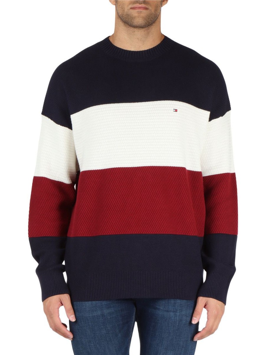 Uomo TOMMY HILFIGER | Maglia Girocollo Color Block In Cotone Blu Scuro