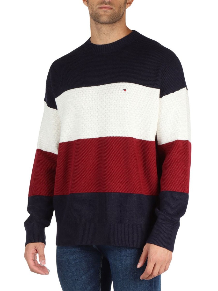 Uomo TOMMY HILFIGER | Maglia Girocollo Color Block In Cotone Blu Scuro