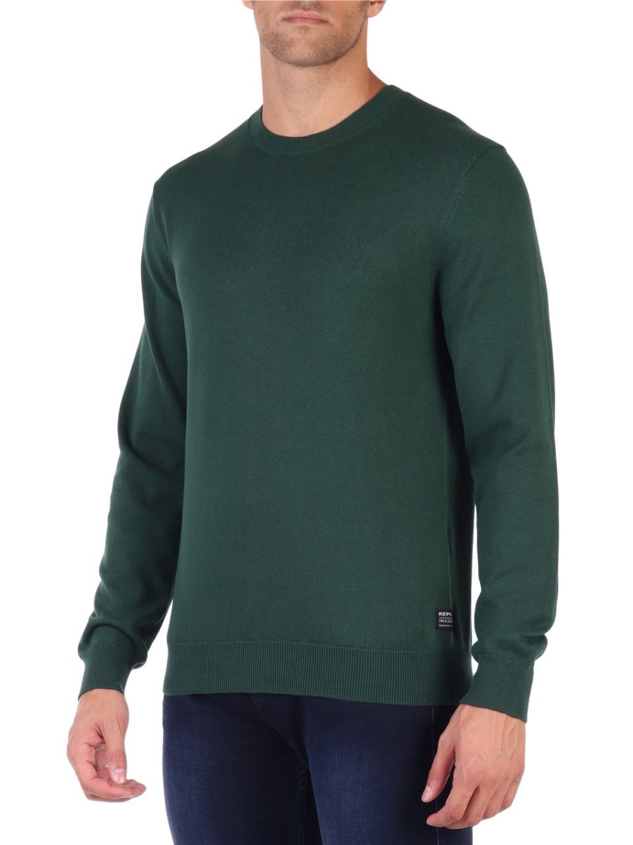 Uomo REPLAY | Maglia Girocollo In Cotone Verde Scuro