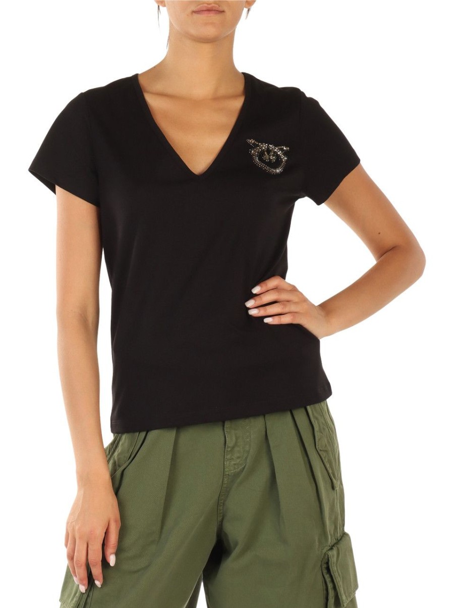 Donna PINKO | T-Shirt In Cotone Turbato Con Logo In Strass Nero