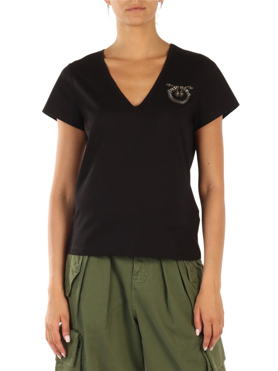 Donna PINKO | T-Shirt In Cotone Turbato Con Logo In Strass Nero