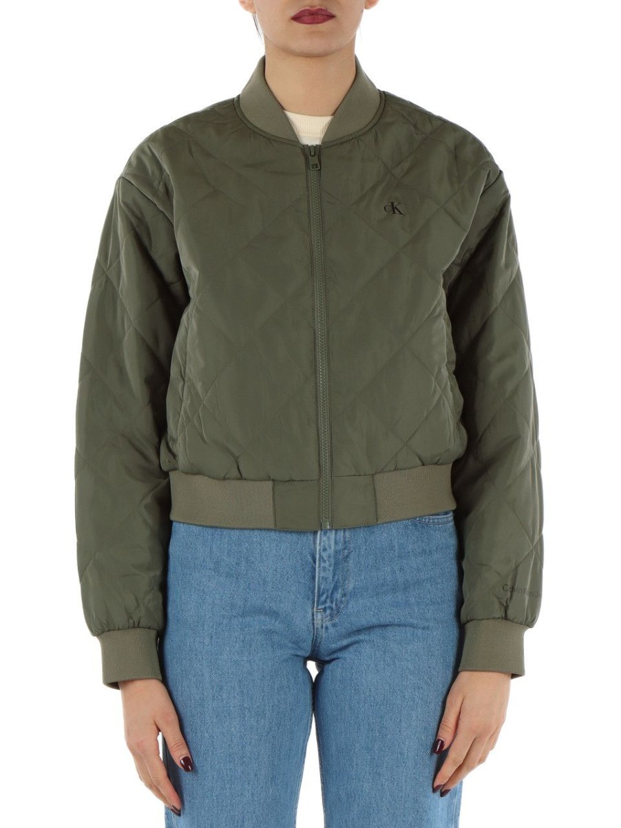 Donna CALVIN KLEIN JEANS | Bomber Trapuntato Con Stampa Logo Frontale Verde Militare