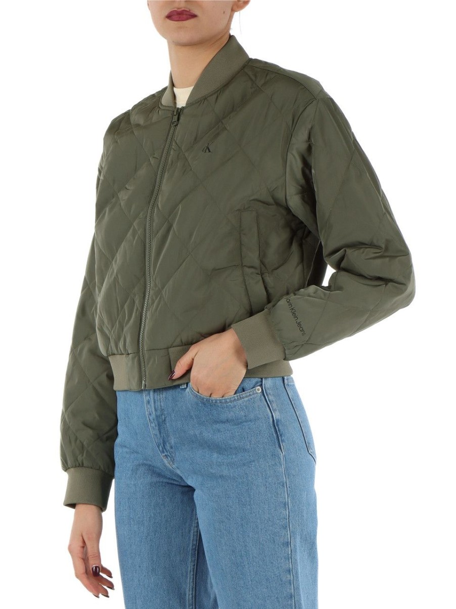 Donna CALVIN KLEIN JEANS | Bomber Trapuntato Con Stampa Logo Frontale Verde Militare