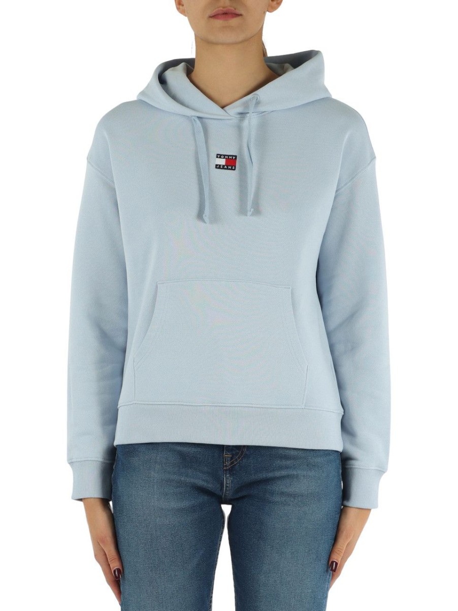 Donna TOMMY JEANS | Felpa In Cotone Con Cappuccio E Ricamo Logo Celeste