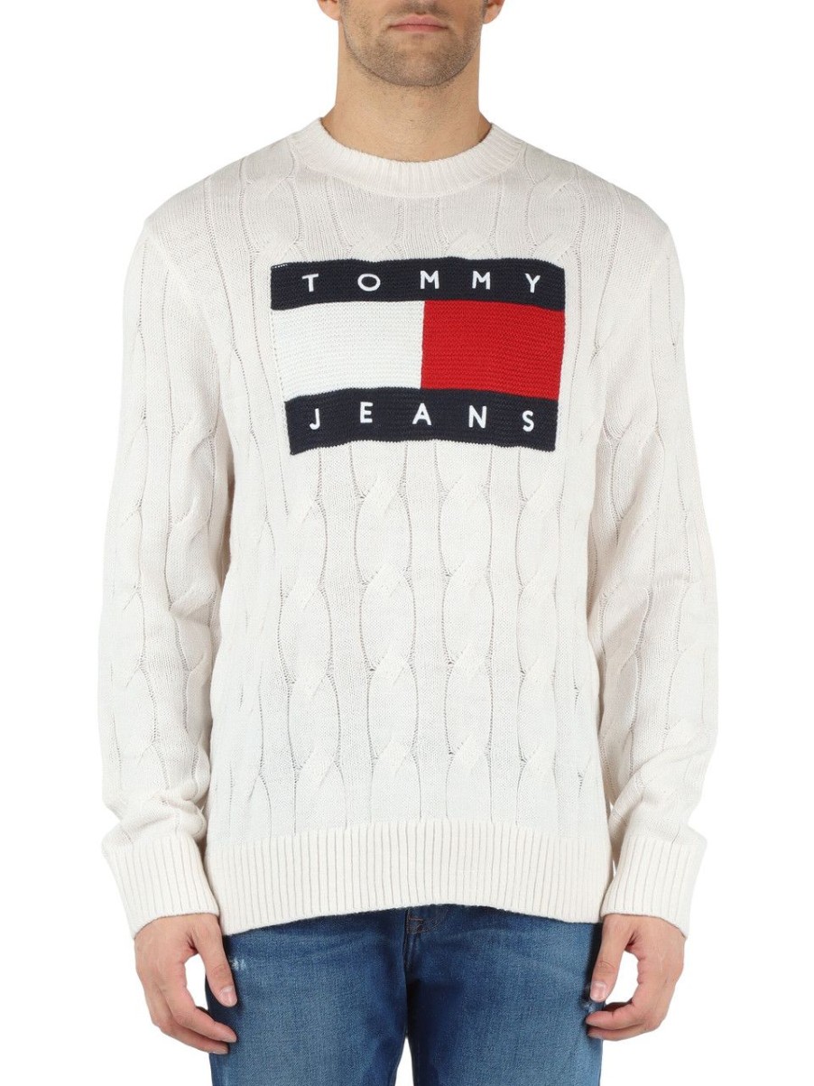 Uomo TOMMY JEANS | Maglia A Trecce Con Ricamo Logo Frontale Panna