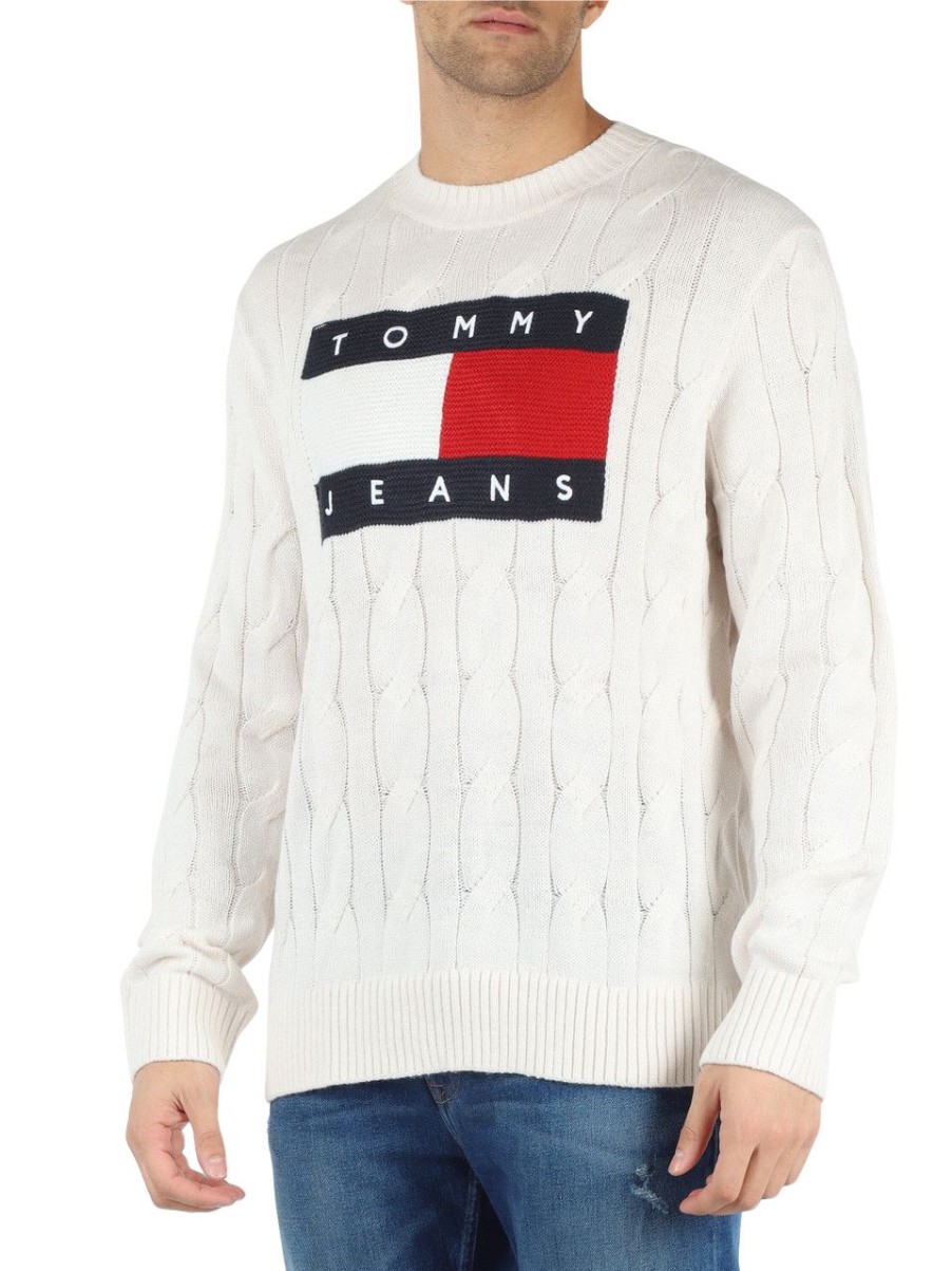 Uomo TOMMY JEANS | Maglia A Trecce Con Ricamo Logo Frontale Panna