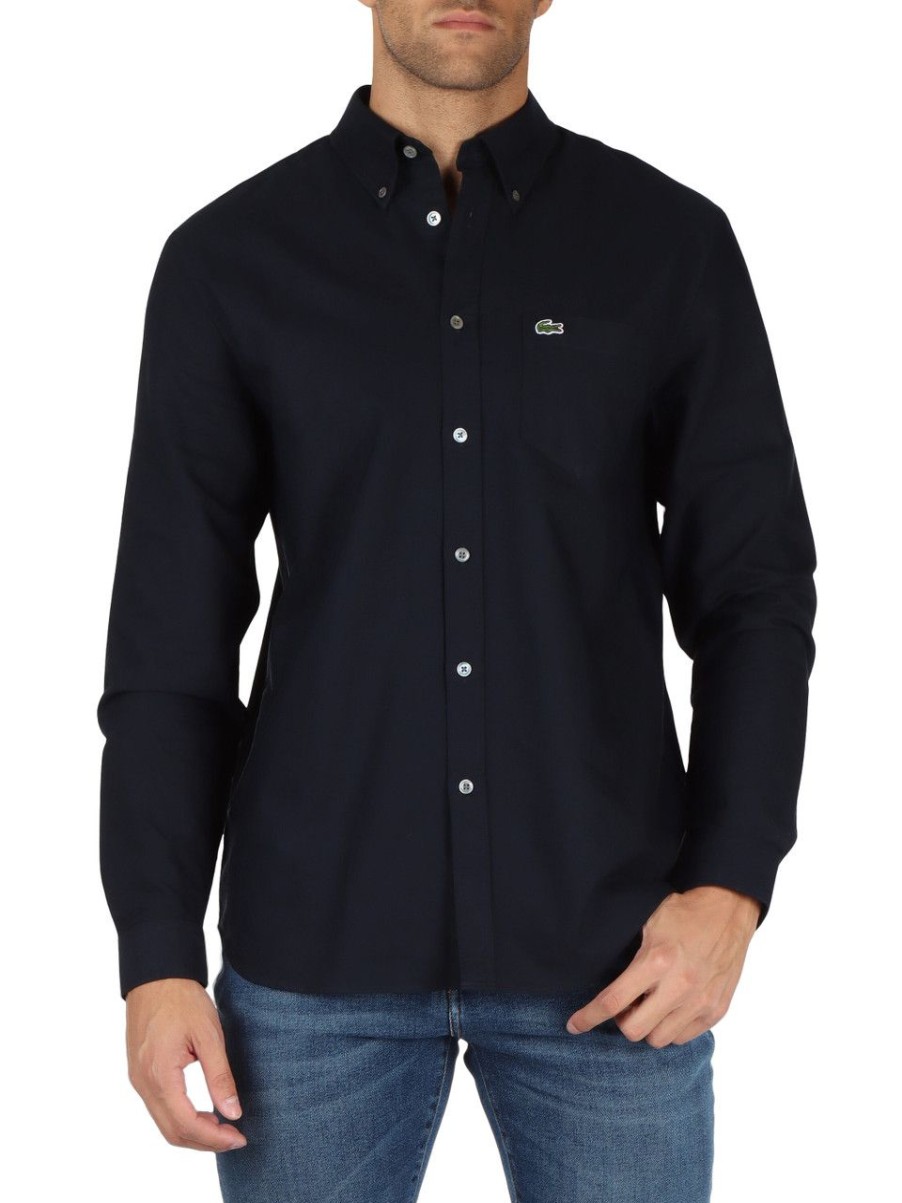 Uomo LACOSTE | Camicia In Cotone Regular Fit Con Taschino Frontale Blu Scuro