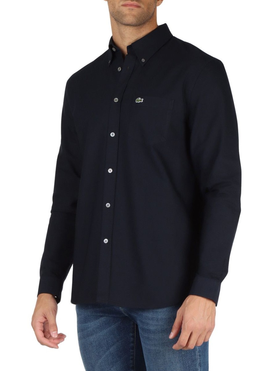 Uomo LACOSTE | Camicia In Cotone Regular Fit Con Taschino Frontale Blu Scuro