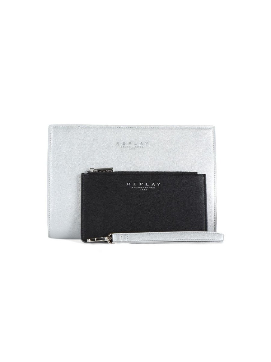 Donna REPLAY | Pochette In Ecopelle Con Scritta Logo Frontale Argento