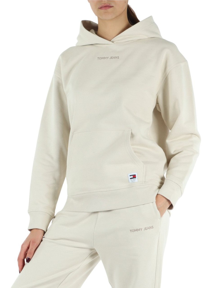 Donna TOMMY JEANS | Felpa In Cotone Con Cappuccio E Ricamo Logo Beige