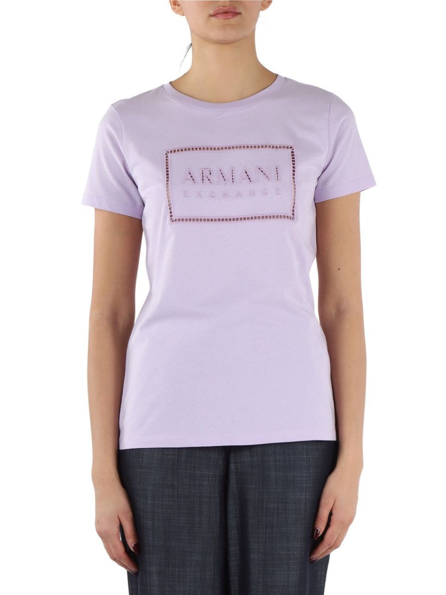 Donna ARMANI EXCHANGE | T-Shirt In Cotone Con Ricami A Giorno Viola Chiaro