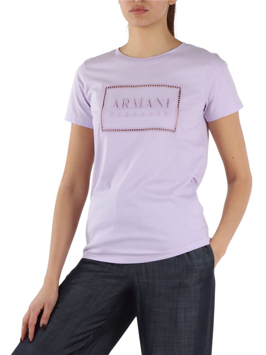 Donna ARMANI EXCHANGE | T-Shirt In Cotone Con Ricami A Giorno Viola Chiaro