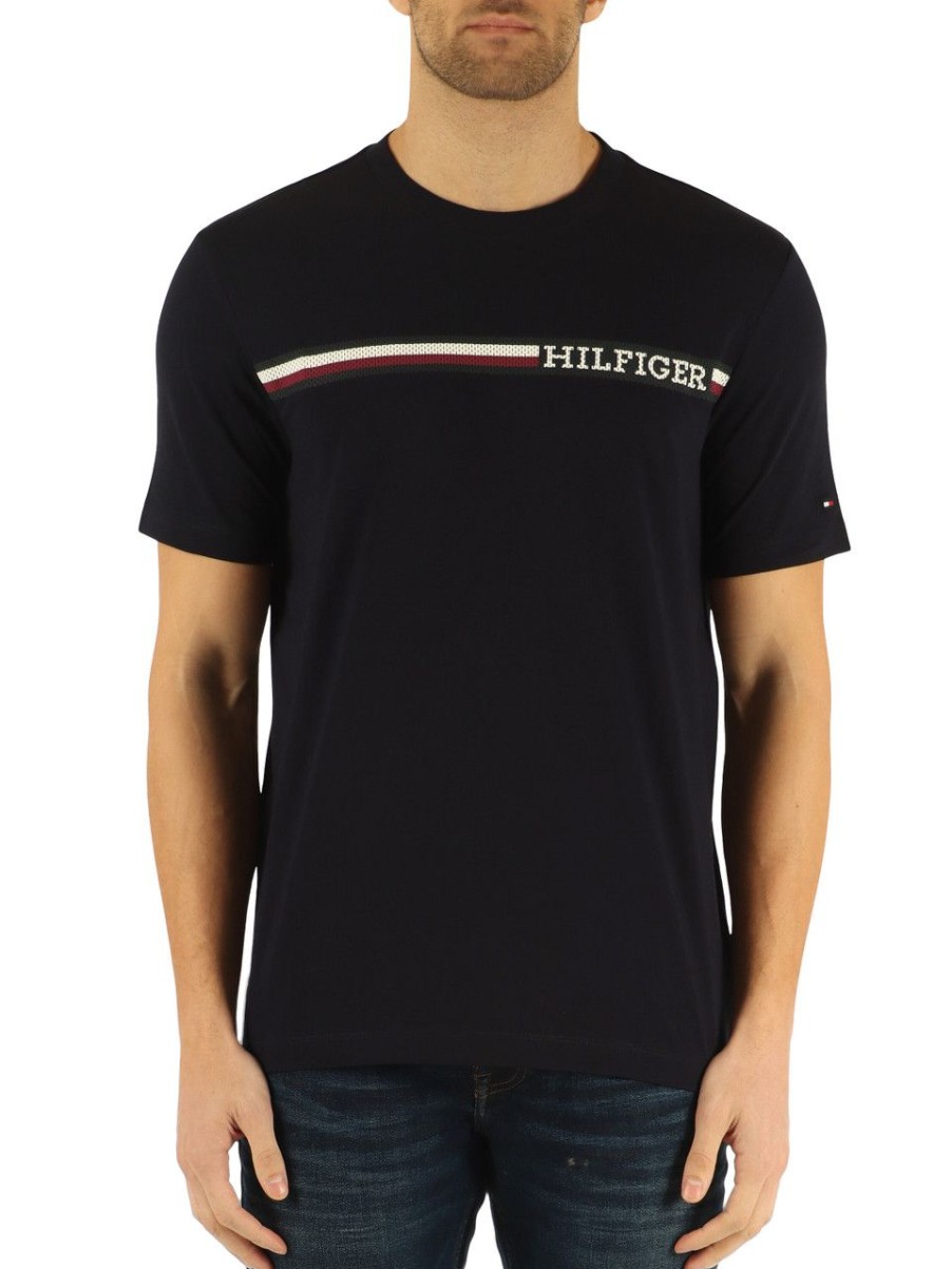 Uomo TOMMY HILFIGER | T-Shirt Regular Fit In Cotone Con Stampa Logo Frontale Blu Scuro