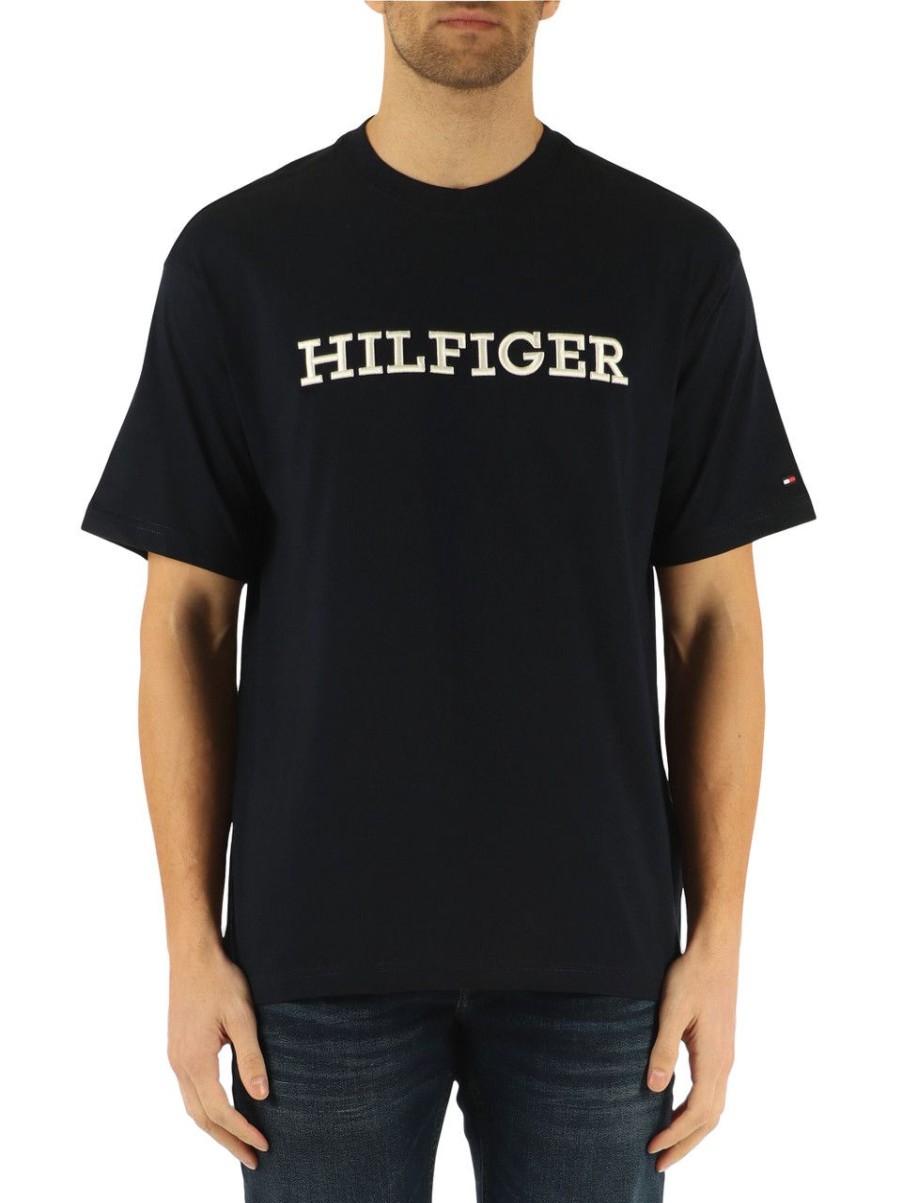 Uomo TOMMY HILFIGER | T-Shirt Archive Fit In Cotone Con Scritta Logo Blu Scuro